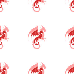Seamless pattern of large isolated red dragon symbols. The elements are evenly spaced. Illustration on light red background