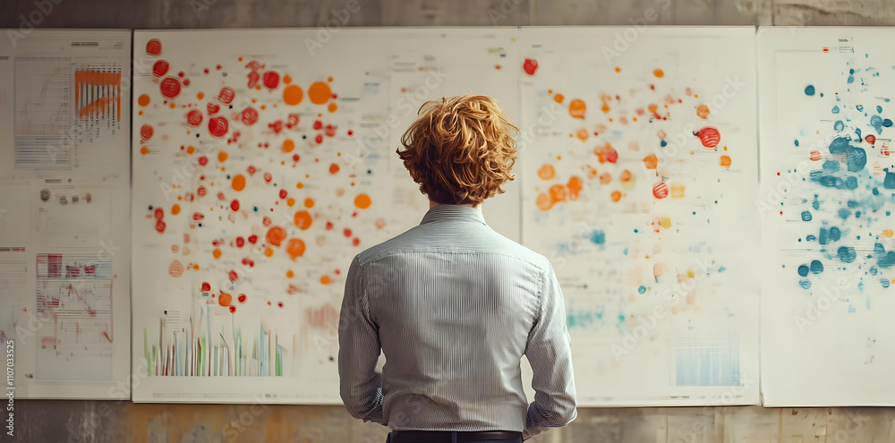 Aufkleber a person examines colorful data visualizations on a wall, reflecting analytical work.