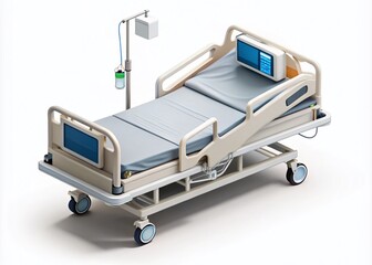 Mobile Hospital Medical Bed and Vital Signs Monitor Isometric View Isolated on White Background Featuring Copy Space for Medical and Healthcare Use