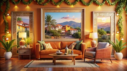 Mockup Frame in a Cozy Living Room of a Spanish Villa with Bokeh Effect &ndash; 3D Rendered Interior Design that Captures the Essence of Mediterranean Style and Elegance