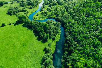Aerial drone view of blue curved river and green summer woods