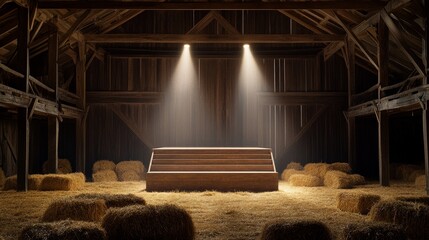 A dimly lit barn interior with a wooden platform surrounded by hay bales.