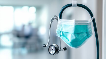 A close-up of a medical mask hanging from a stethoscope in a clinical setting, emphasizing personal protective equipment, Medical style