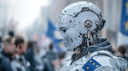 Fototapeta premium Robotic demonstration of ai technology urban city futuristic image crowded environment profile view human-ai interaction