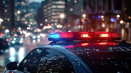 Emergency response action urban setting police vehicle night scene close-up view law enforcement concept for safety awareness