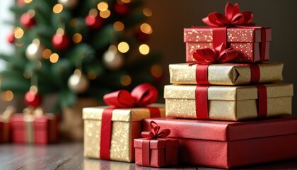Presents wrapped in pastel tones with delicate ribbon placed under twinkling lights.