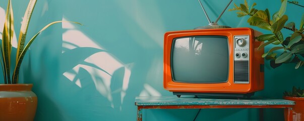 Retro Orange Television Set With Plants and Teal Wall