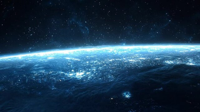 Earth's Horizon Illuminated by City Lights and Stars from Space