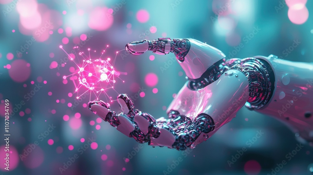 Poster futuristic technology interaction robotic hand engaging with digital particle virtual environment cl