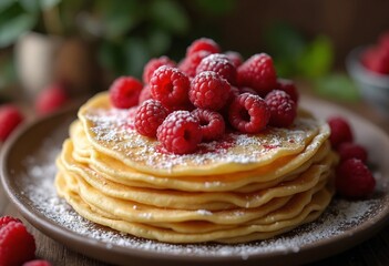 Delicious Stack of Thin Crepes with Fresh Raspberry Topping on Rustic Wooden Table