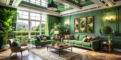 Naklejka premium Modern Aerial View of a Chic Living Room with Elegant Green Walls and Ceiling, Plush Green Sofa, Large Windows, and Lush Potted Plants for a Fresh and Inviting Atmosphere