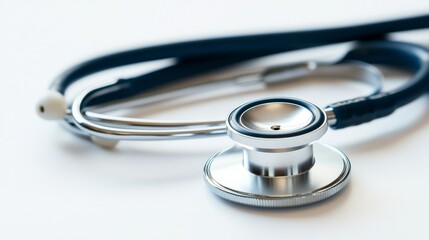 A close-up of a medical stethoscope placed on a white background, Clean and simple style, photo of