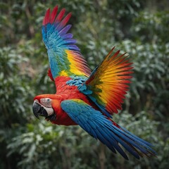 Obraz premium A macaw with its brilliant rainbow feathers in flight.