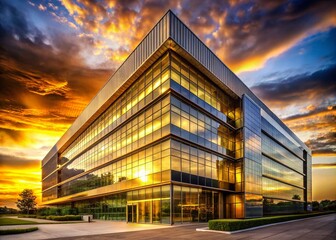 Obraz premium Modern and Minimalist Corporate Headquarters Building in Elegant Gold and Silver Tones, Showcasing a Luxury First Floor with Striking Silhouette Photography Aesthetic