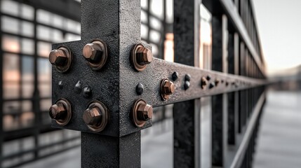 Construction detail focus urban setting industrial photograph steel environment close-up view structural integrity concept
