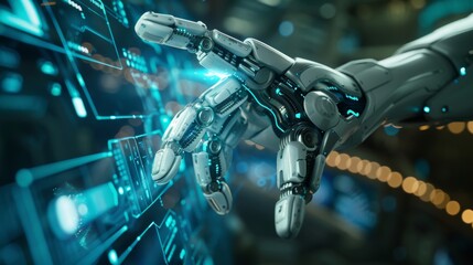 Advanced Robotic Arm Interacting with Futuristic Digital Interface: A Glimpse into the Technological Future