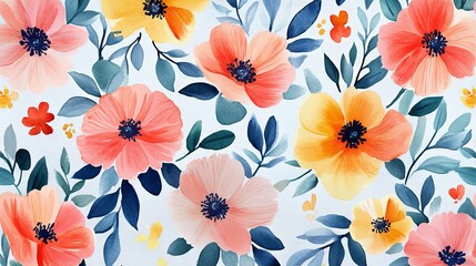 Seamless watercolor floral pattern featuring hand-painted blossoms and green foliage on a white background, perfect for textile design, wallpapers, and decorative invitations.