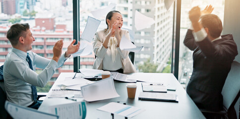 Clapping, client and people in boardroom, celebration and negotiation for business deal and success. Office, accomplishment and group with paperwork for proposal, excited and sales manager in Japan