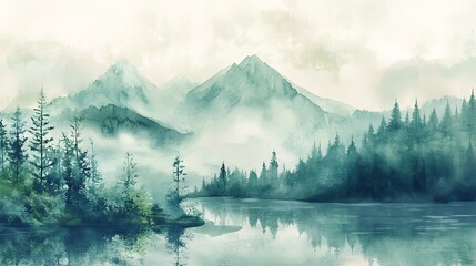 Serene Watercolor Landscape of Misty Mountains and a Reflective Lake