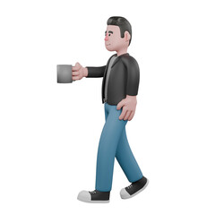 Cartoon-Style 3D Model. A male screenwriter walks to the right with his right hand holding a coffee cup and his left hand beside his hip. 3D Model