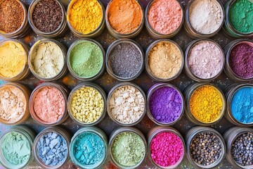 Naklejka premium A Collection of Colorful Powders in Glass Jars
