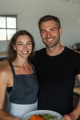 Obraz premium A man and woman are smiling for the camera. They are holding a plate of food. The man is wearing a black shirt and the woman is wearing a black apron