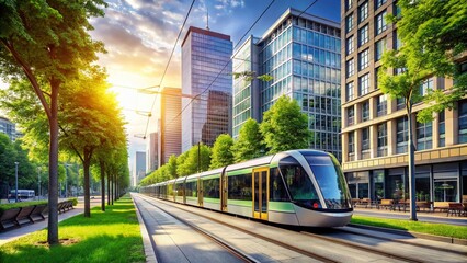 Obraz premium Modern Electric Trams in Urban Landscapes: A Journey Through the City’s Efficient Transportation Network with a Focus on Sustainable Commuting Solutions