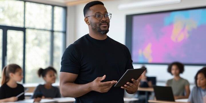 A man in a black shirt is holding a tablet in front of a group of students. The students are sitting at desks and appear to be attentive. The man is likely a teacher or instructor