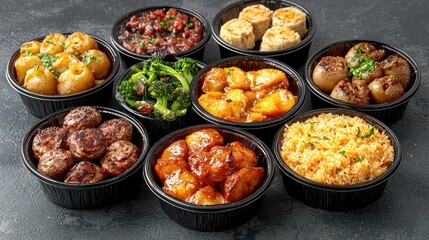 Assortment of Various Dishes in Black Takeout Containers