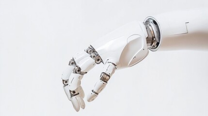 A close-up of a robot's hand in white background, macro shot, Minimalist style
