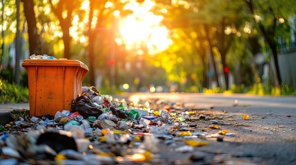 Fototapeta premium Overflowing trash bin and litter on a city street with the sunset in the background.