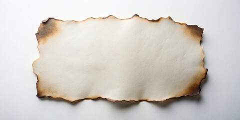 Fototapeta premium A singed rectangular piece of paper with a charred border rests on a plain white background