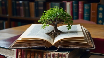World philosophy day concept with tree of knowledge planting on opening old big book in library full of textbook, world book day, knowledge is power, green plant over open book

