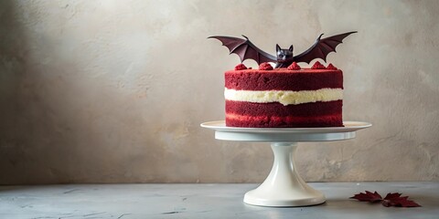 Delicious layered red velvet cake with bat decoration and raspberries