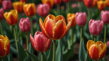 Fototapeta premium Vibrant red and orange tulips in a garden.
