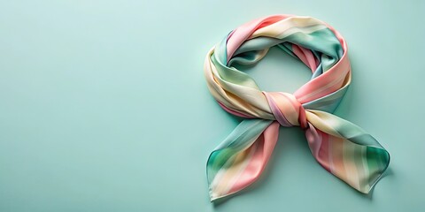 Pastel striped silk scarf tied in a simple knot on a light teal background