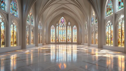 Fototapeta premium Stained Glass Windows Illuminating a Grand Hallway