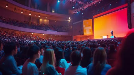 A vibrant hall buzzes with engaged youths, inspired by a passionate speaker under bright lights.
