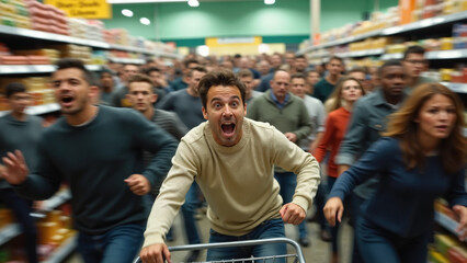 Frenzied Shopper Screams in Crowded Supermarket: Panic Buying Scene for News or Retail Marketing