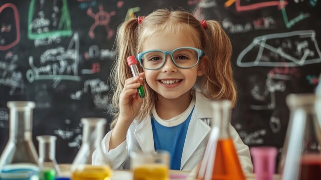 A cheerful young girl wearing glasses and a lab coat is holding a test tube, smiling while surrounded by various colored beakers. The classroom background features math and science equations