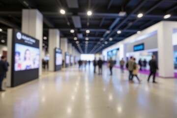 Blurred view of a busy modern exhibition hall with attendees and digital displays.