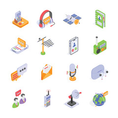 A set of colorful, flat isometric icons representing various communication and technology tools