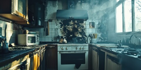 A photograph of a kitchen with soot-stained walls and appliances after a fire, illustrating the aftermath of smoke damage.