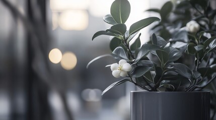 Elegant Potted Plant with Delicate White Flower and Lush Green Leaves in Soft, Natural Light