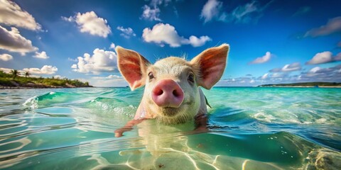 Cute Pig Swimming Ocean Summer Vacation AI Photo