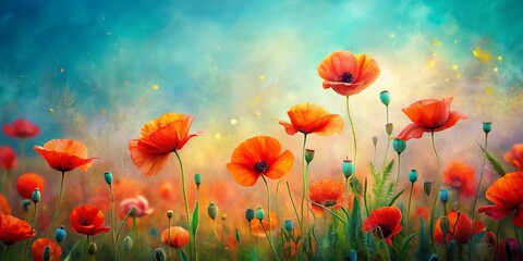 Obraz premium Vibrant Red Poppies in a Summer Field with a Dreamy, Soft Focus and Dust Motes in the Air