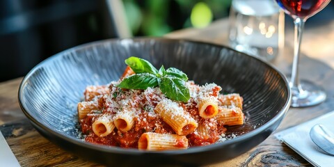 Fototapeta premium A plate of classic Italian pasta with tomato sauce, basil, and Parmesan cheese on a rustic table.