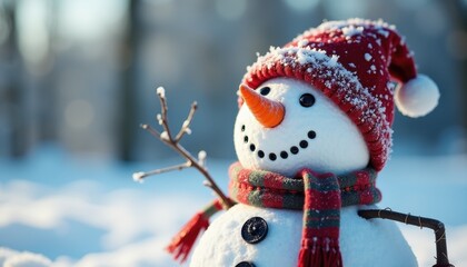 Close-up of a snowman with a carrot nose and festive accessories in a frosty landscape.