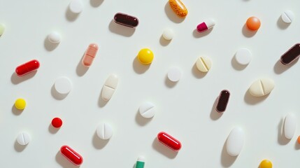 A close-up of various medication pills arranged on a white surface, highlighting different types of pharmaceuticals and their uses, Minimalist style
