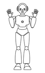 シンプルなアンドロイド型ロボットの全身イラスト（モノクロ）